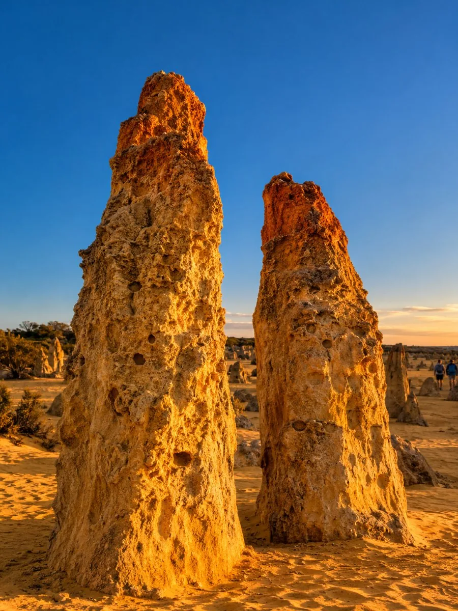 Close-up of weathered limestone pinnacles with a rough calcrete cap glowing orange in the last sunlight